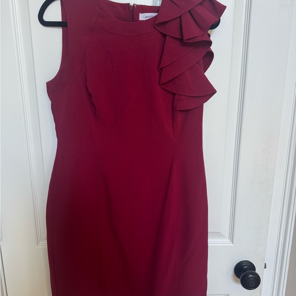 Calvin Klein One-Shoulder Ruffle Dress in Wine Red